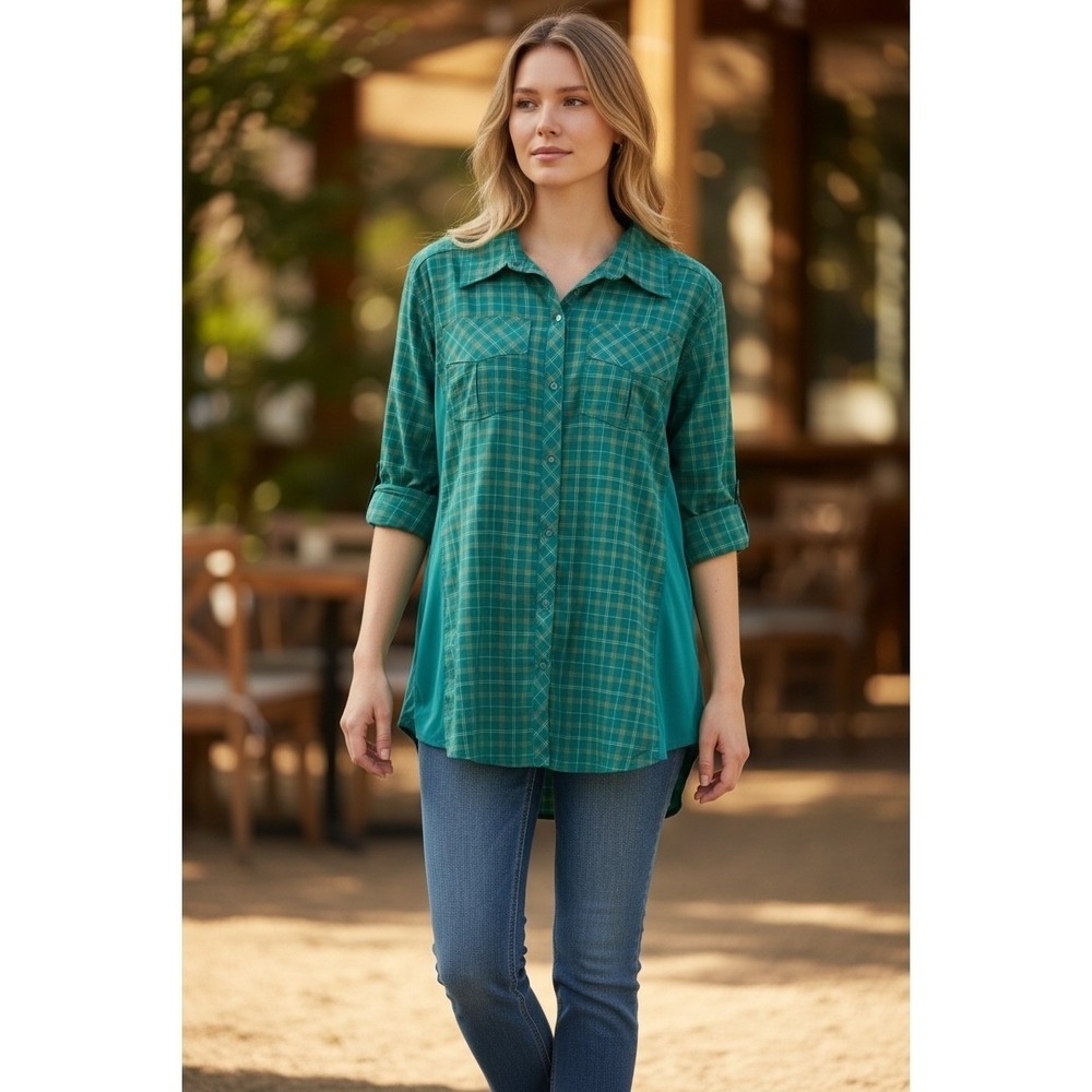 Cabela's Women's Roll Tab Sleeve Green Yellow Plaid Snap Front Outdoor Shirt 2XL